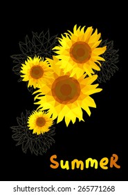 sunflower on a black background with the text summer 