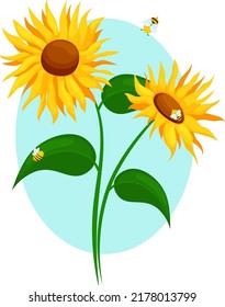 Sunflower on a blue background with bees, two large sunflowers, bees on a background of flowers