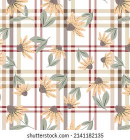 Sunflower on colorful plaid pattern drawing style textile print