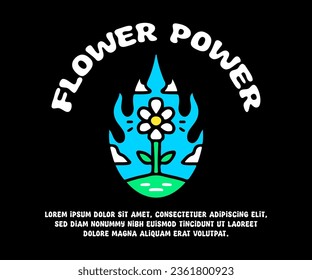 Sunflower on fire shape with flower power typography, illustration for logo, t-shirt, sticker, or apparel merchandise. With doodle, retro, groovy, and cartoon style.