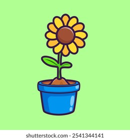 Sunflower On Pot Cartoon Vector Icon Illustration. Nature Object Icon Concept Isolated Premium Vector. Flat Cartoon Style