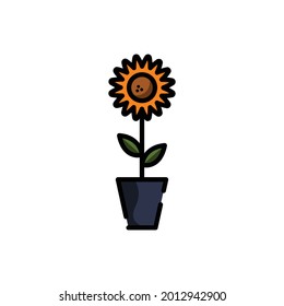 Plantilla del logotipo de la ilustración del vector del icono del girasol en la olla para muchos fines.
