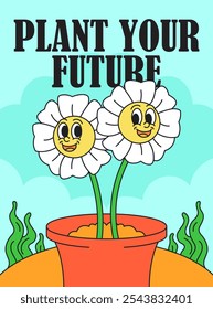 Sunflower on a pot and sky Background Funny cartoon character design can be used as t shirt design, sticker, poster, print and apparel design