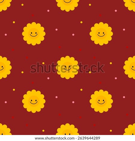 Sunflower  on red  background, polkadots,  fabric pattern , gift wrapping paper , seamless pattern 