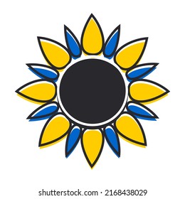 Sunflower on a white background with blue and yellow petals and a black outline. Vector.