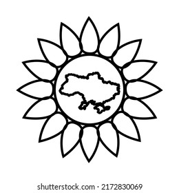 Sunflower on a white background with a map of Ukraine in the middle. The sunflower flower has become the official symbol of the Day of Remembrance of the Defenders of Ukraine. Print coloring. Vector.