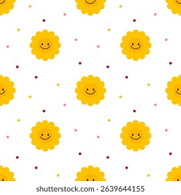 Sunflower  on white  background, polkadots,  fabric pattern , gift wrapping paper , seamless pattern 