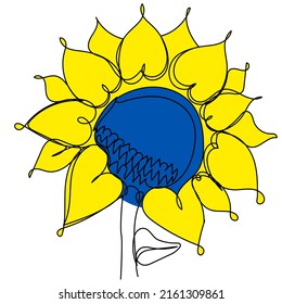Sunflower in one line of blue-yellow color on a white background. Symbol of Ukraine, fertility, sunflower oil, farming. Abstract summer flower. Stock vector image.