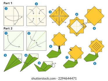 Sunflower origami scheme tutorial moving model. Origami for kids. Step by step how to make a cute origami flower. Vector illustration.