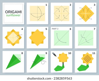 Sunflower origami scheme tutorial moving model. Origami for kids. Step by step how to make a cute origami flower. Vector illustration.