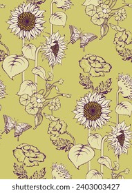Sunflower and other flowers. Seamless pattern. Suitable for fabric, wrapping paper and the like