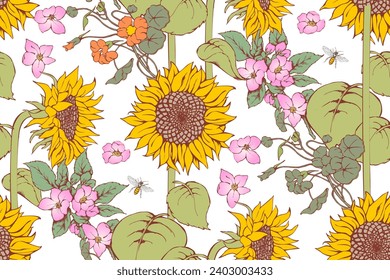 Sunflower and other flowers. Seamless pattern. Suitable for fabric, wrapping paper and the like