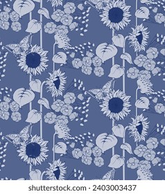 Sunflower and other flowers. Seamless pattern. Suitable for fabric, wrapping paper and the like