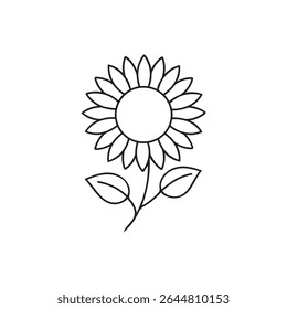 Sunflower outline vector illustration with stem and leaves on white background