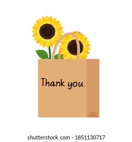 Sunflower in paper bag with hand writing "Thank you" on white background vector illustration.