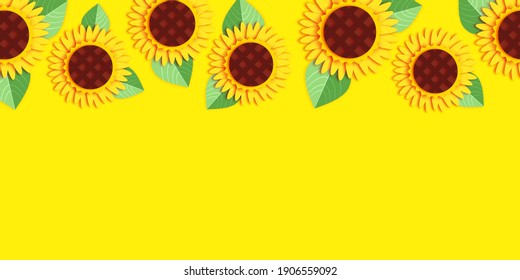 Sunflower paper cut style. Beautiful nature. Yellow plant. Summer. Space for text. Yellow background.
