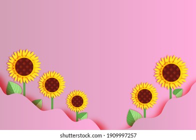 Sunflower paper cut style. Beautiful nature. Yellow plant. Summer. Pink paper wave background. Womens day. Mothers day. Space for text.