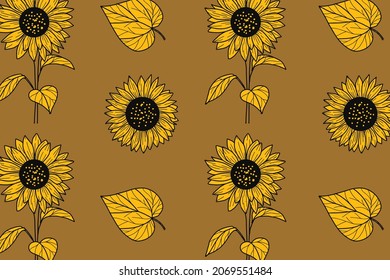 Sonnenblumenmuster, Hintergrund. Vintage Design dekorative Textur. Tapete. Frische Blumen, stilisierte Blätter in volkstümlichen Kunstwerken