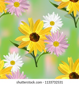 Sunflower pattern with daisies on green abstract background, seamless texture, vector
