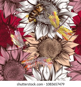 Sunflower pattern with flowers, bees and dragonfly