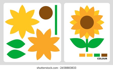 Sunflower pattern for kids' crafts or paper crafts. Vector illustration of a flower puzzle. Cut-and-paste pattern for kindergarten crafts.