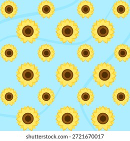 Patrón de girasol con flores amarillas repetitivas y centros marrones sobre fondo azul suave con rayas onduladas sutiles para el diseño textil y de Fondo de pantalla