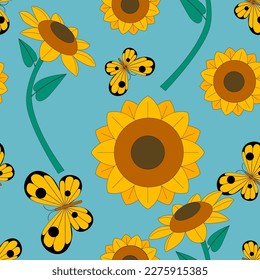 Sunflower pattern. Seamless yellow floral with butterfly on blue background. Cute cartoon vector design. 