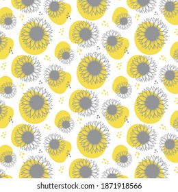 Patrón de girasol en colores de tendencia 2021 Gris e Iluminación finales, ilustración botánica dibujada a mano, fondo vectorial de raspado, fondo de pared de cosecha de verano o otoño, tela de moda