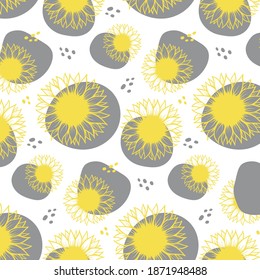 Sonnenblumenmuster in trendigen Farben 2021 Ultimatives Grau und Illuminieren, botanische, handgezeichnete Illustration, Vektorgrafik-Scrapbooking-Hintergrund, Wallpaper der Sommer- oder Herbsternte, Modegewebe, Textilien