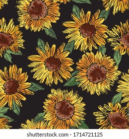 Sunflower Pattern. Vector Seamless. Textural hand drawn elements on black ground.