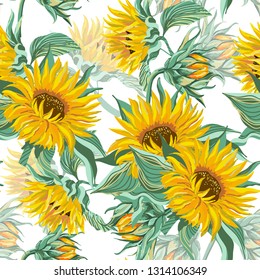 Sunflower pattern.Yellow sunflowers on a white background. Vector illustration.