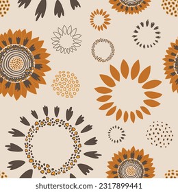 Sunflower petals seamless pattern on beige background. Hand drawn illustration. For textile, wrapping paper, packaging, DIY projects.