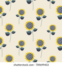 Sunflower plant cartoon seamless vector pattern. Yellow agriculture fall flower on beige repeat background.