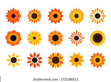 Sunflower plant flat icons. Set of summer flowers yellow leaf shapes isolated on white background. Sunflower design floral vector illustration