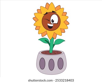 Sunflower plant kids children colorful cartoon character potted plant expressive emotion design icon set