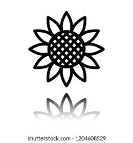 Sunflower, plant. Nature icon. Black icon with mirror reflection on white background
