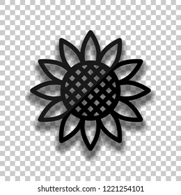 Sunflower, plant. Nature icon. Black glass icon with soft shadow on transparent background