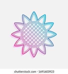 Sunflower, plant. Nature icon. Colored logo with diagonal lines and blue-red gradient. Neon graphic, light effect