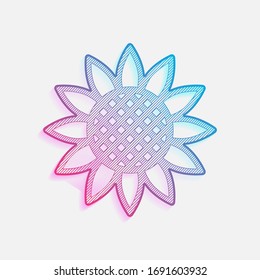 Sunflower, plant. Nature icon. Colored logo with diagonal lines and blue-red gradient. Neon graphic, light effect
