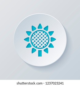 Sunflower, plant. Nature icon. Cut circle with gray and blue layers. Paper style