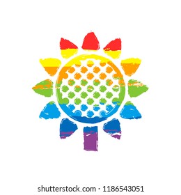 Sunflower, plant. Nature icon. Drawing sign with LGBT style, seven colors of rainbow (red, orange, yellow, green, blue, indigo, violet