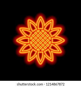 Sunflower, plant. Nature icon. Orange neon style on black background. Light icon