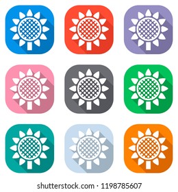 Sunflower, plant. Nature icon. Set of white icons on colored squares for applications. Seamless and pattern for poster