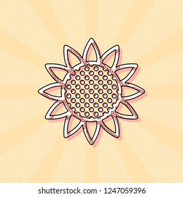 Sunflower, plant. Nature icon. Vintage retro typography with offset printing effect. Dots poster with comics pop art background