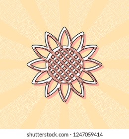 Sunflower, plant. Nature icon. Vintage retro typography with offset printing effect. Dots poster with comics pop art background