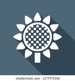 Sunflower, plant. Nature icon. White flat icon with long shadow on background