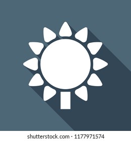 Sunflower, plant. Nature icon. White flat icon with long shadow on background