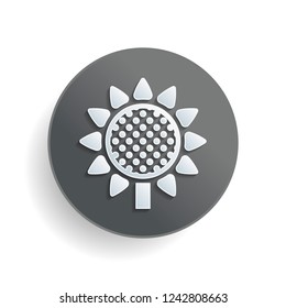 Sunflower, plant. Nature icon. White paper symbol on gray round button or badge with shadow