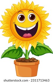 Sunflower plant in pot cartoon isolated illustration