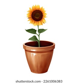 Sunflower in a Plant Pot Isolated Detailed Hand Drawn Painting Illustration